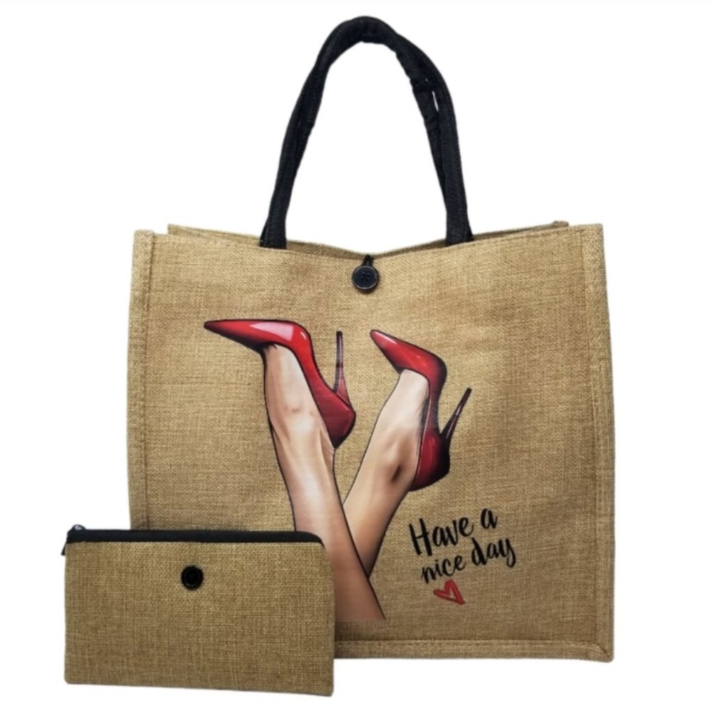 BNIP-2pc High Heel Tote Set- 11.8Hx13.9W (Tote) 3.94Hx7.09W (Pouch) Jute Canvas